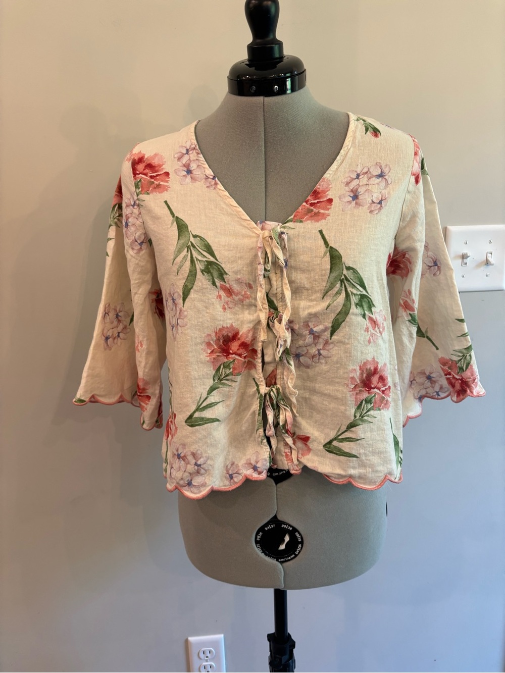 Laura Ashley Cream Floral Tie-Front Blouse with Pink & Green 0240